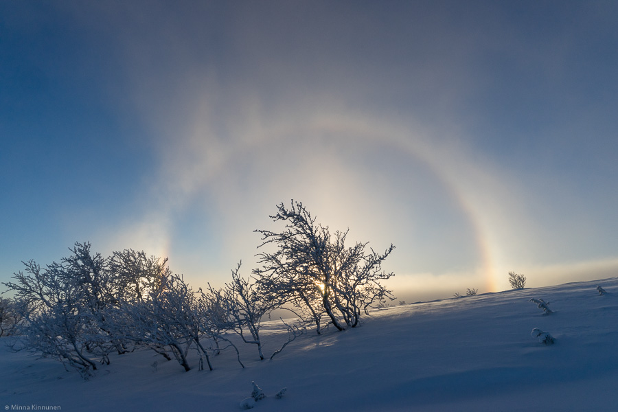 The fog (or rather, ice crystals) was alive, coming and going, and the halo with it. The wind was really becoming an issue now.